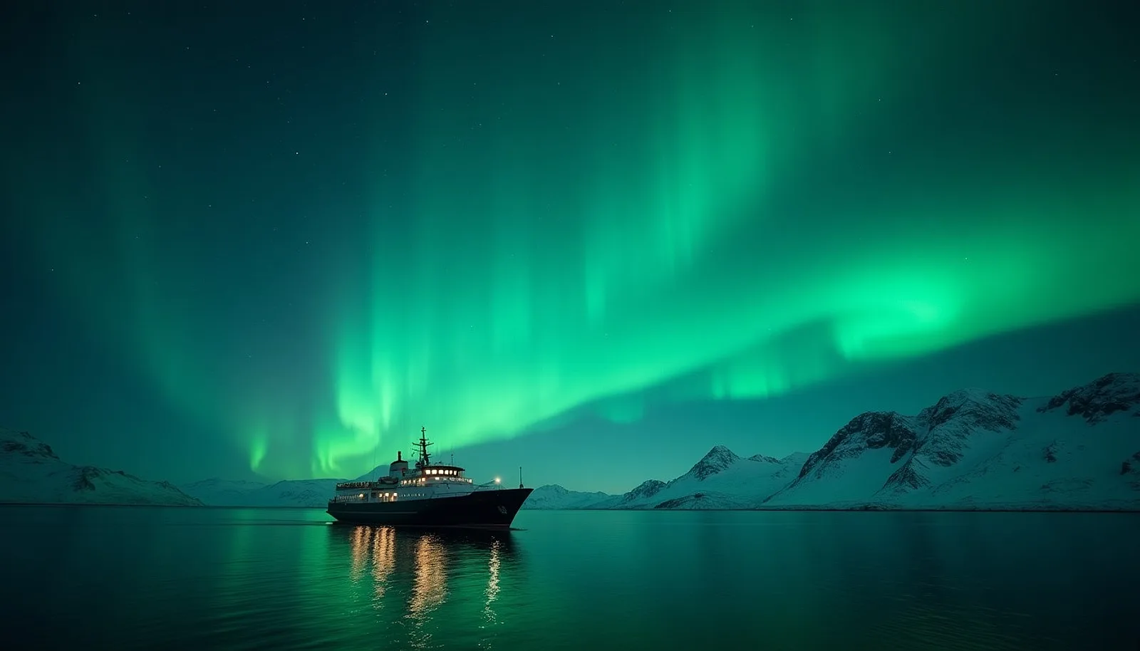 Ship sailing under the northern lights
