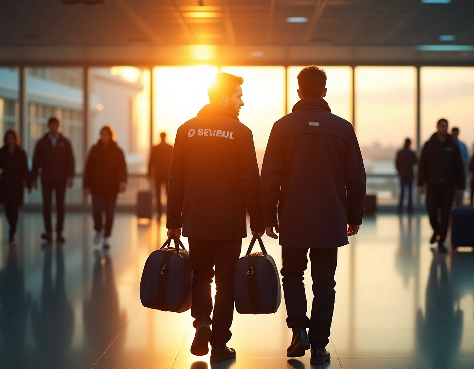 Seafarers with duffel bags in an airport terminal