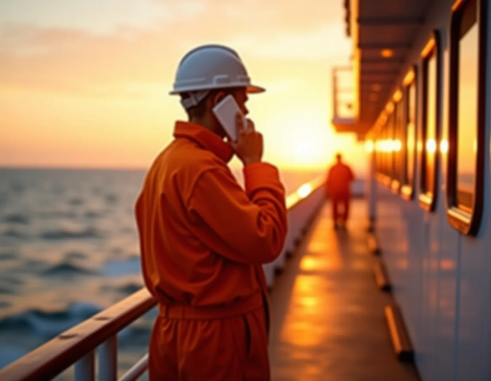 Seafarer on deck at sunset on a phone call