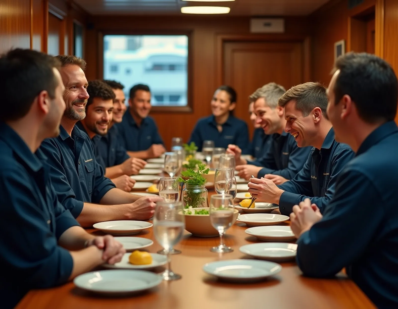 Crew sharing a meal in a ship mess room